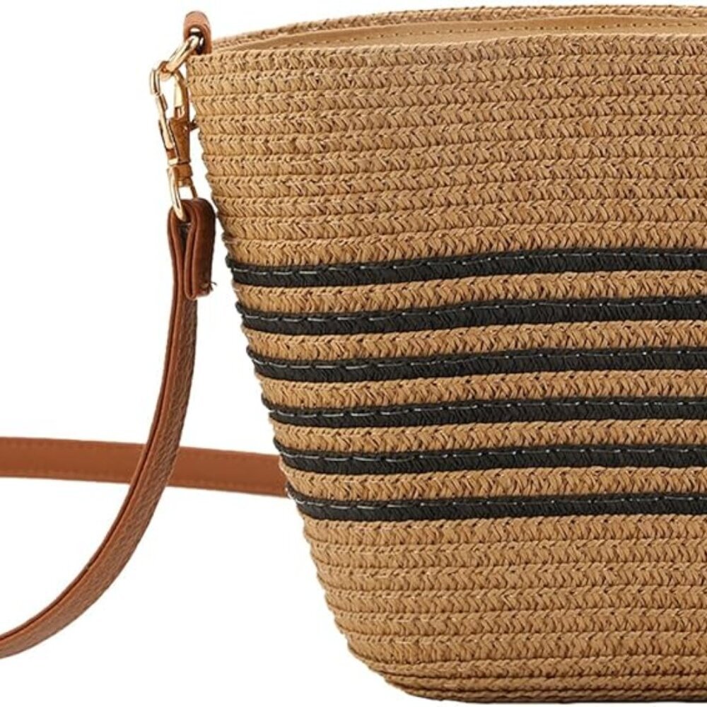 Straw Crossbody Purse for Women with Stripe, Woven Straw Shoulder Bag with Adjus